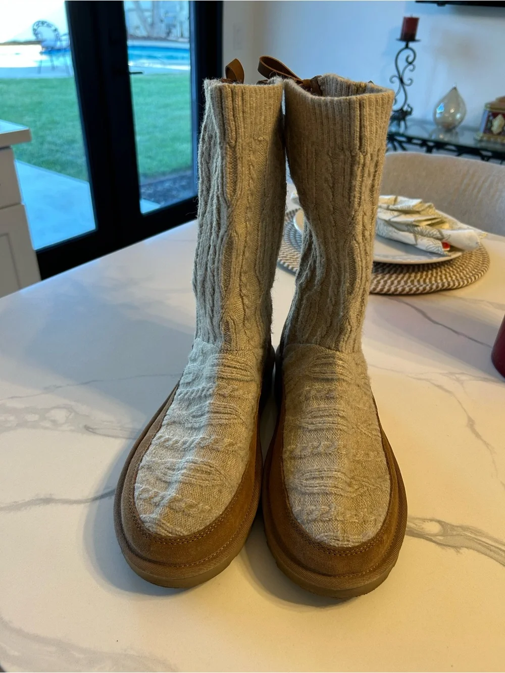 UGG Women's Cabelle Knit Cable Boot in Cream and Brown. Sz 9